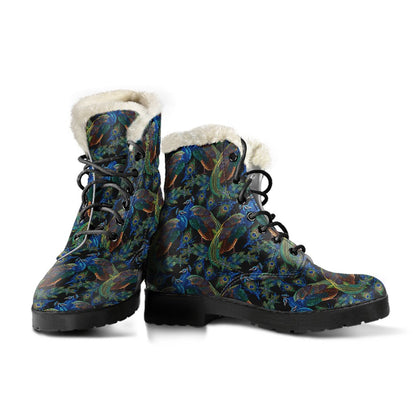 Peacock Themed Design Print Faux Fur Leather Boots-JTAMIGO.COM