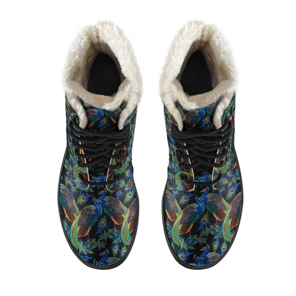 Peacock Themed Design Print Faux Fur Leather Boots-JTAMIGO.COM