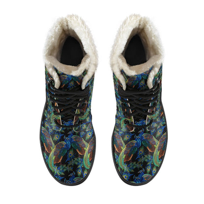 Peacock Themed Design Print Faux Fur Leather Boots-JTAMIGO.COM