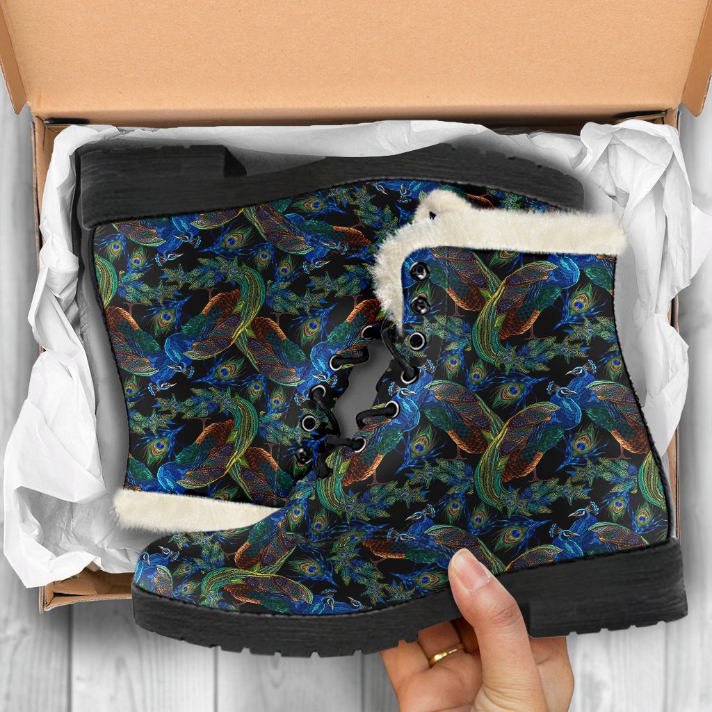 Peacock Themed Design Print Faux Fur Leather Boots-JTAMIGO.COM