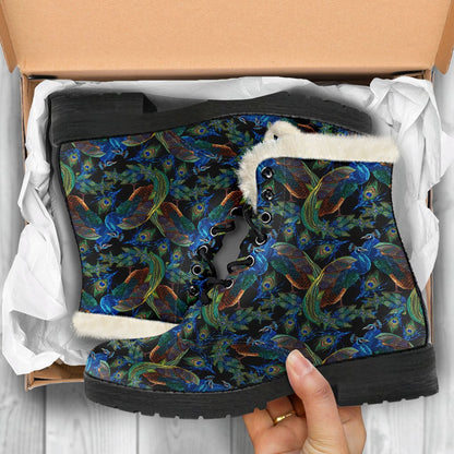 Peacock Themed Design Print Faux Fur Leather Boots-JTAMIGO.COM