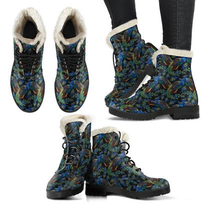 Peacock Themed Design Print Faux Fur Leather Boots-JTAMIGO.COM