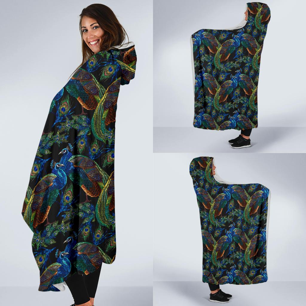 Peacock Themed Design Print Hooded Blanket-JTAMIGO.COM
