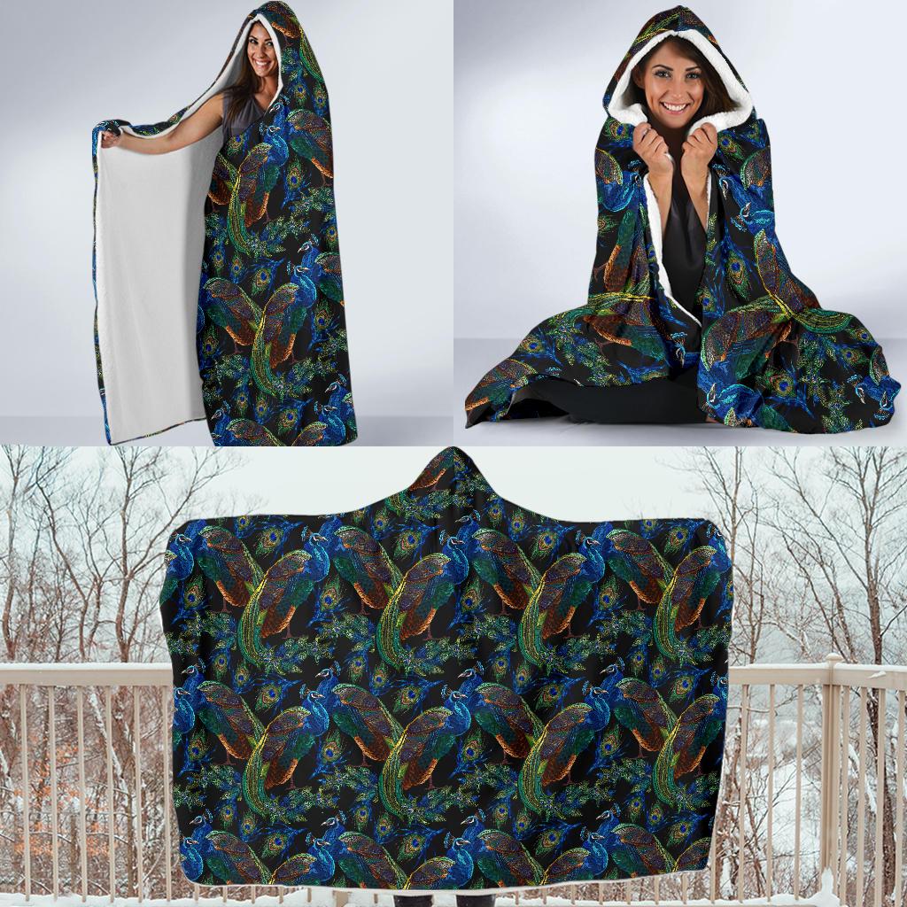 Peacock Themed Design Print Hooded Blanket-JTAMIGO.COM