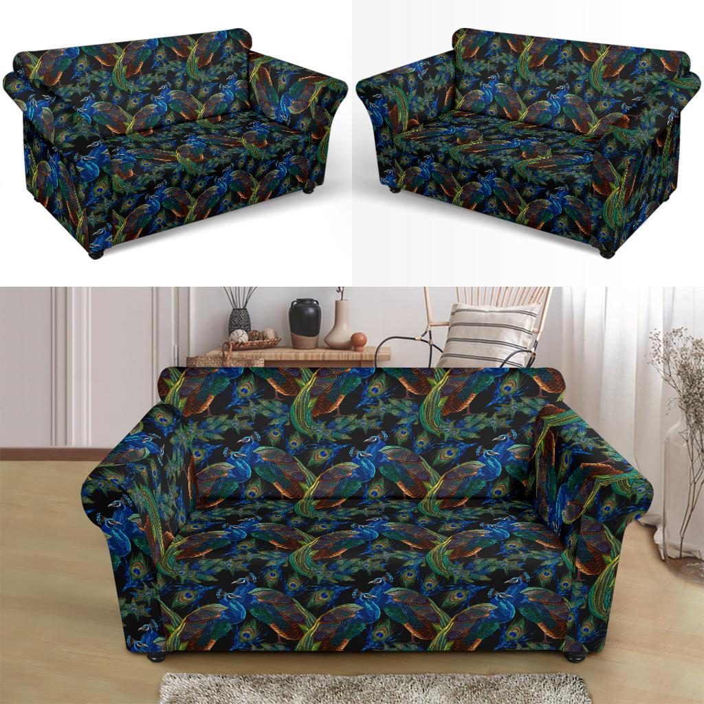 Peacock Themed Design Print Loveseat Slipcover-JTAMIGO.COM