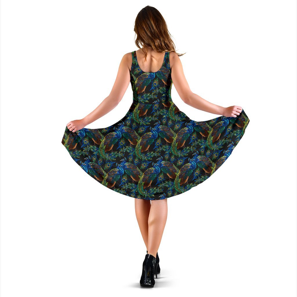 Peacock Themed Design Print Sleeveless Dress