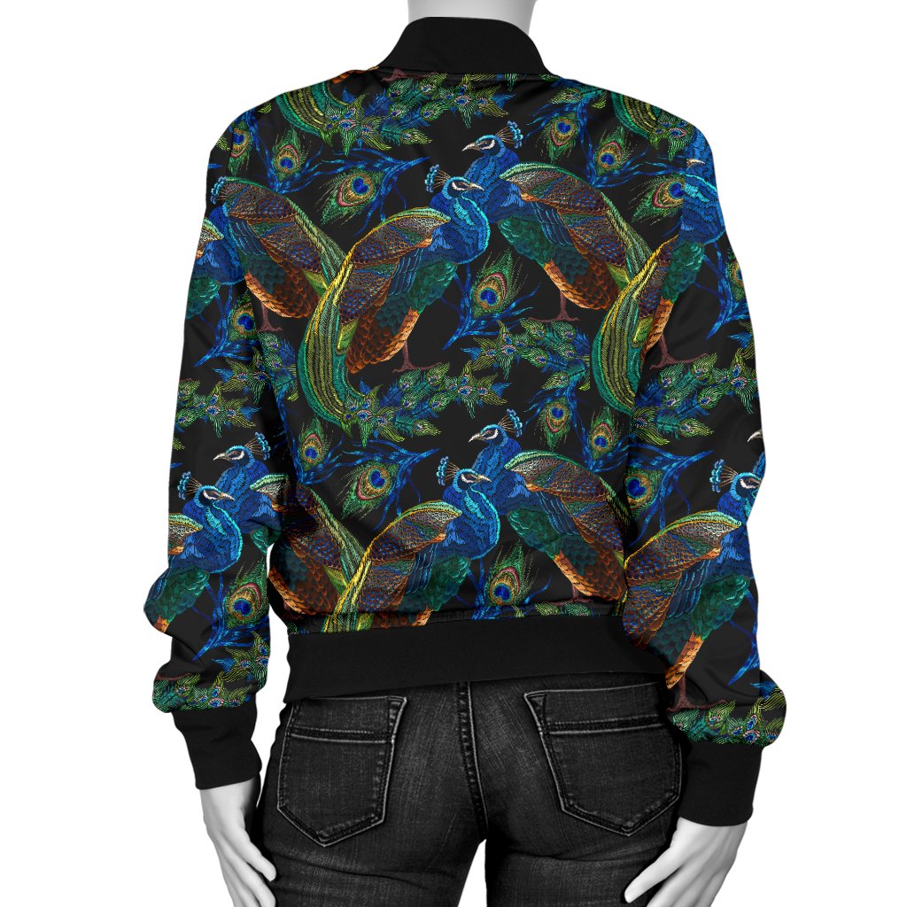 Peacock Themed Design Print Women Casual Bomber Jacket