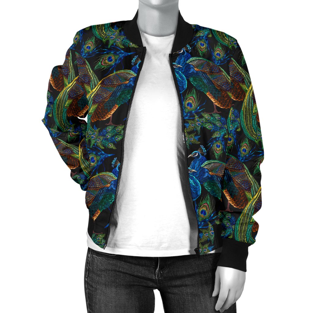 Peacock Themed Design Print Women Casual Bomber Jacket