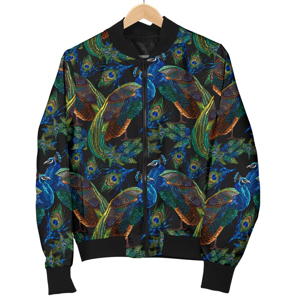 Peacock Themed Design Print Women Casual Bomber Jacket