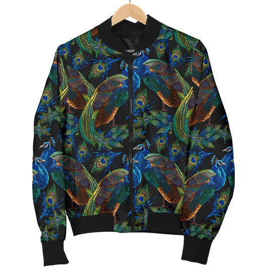 Peacock Themed Design Print Women Casual Bomber Jacket
