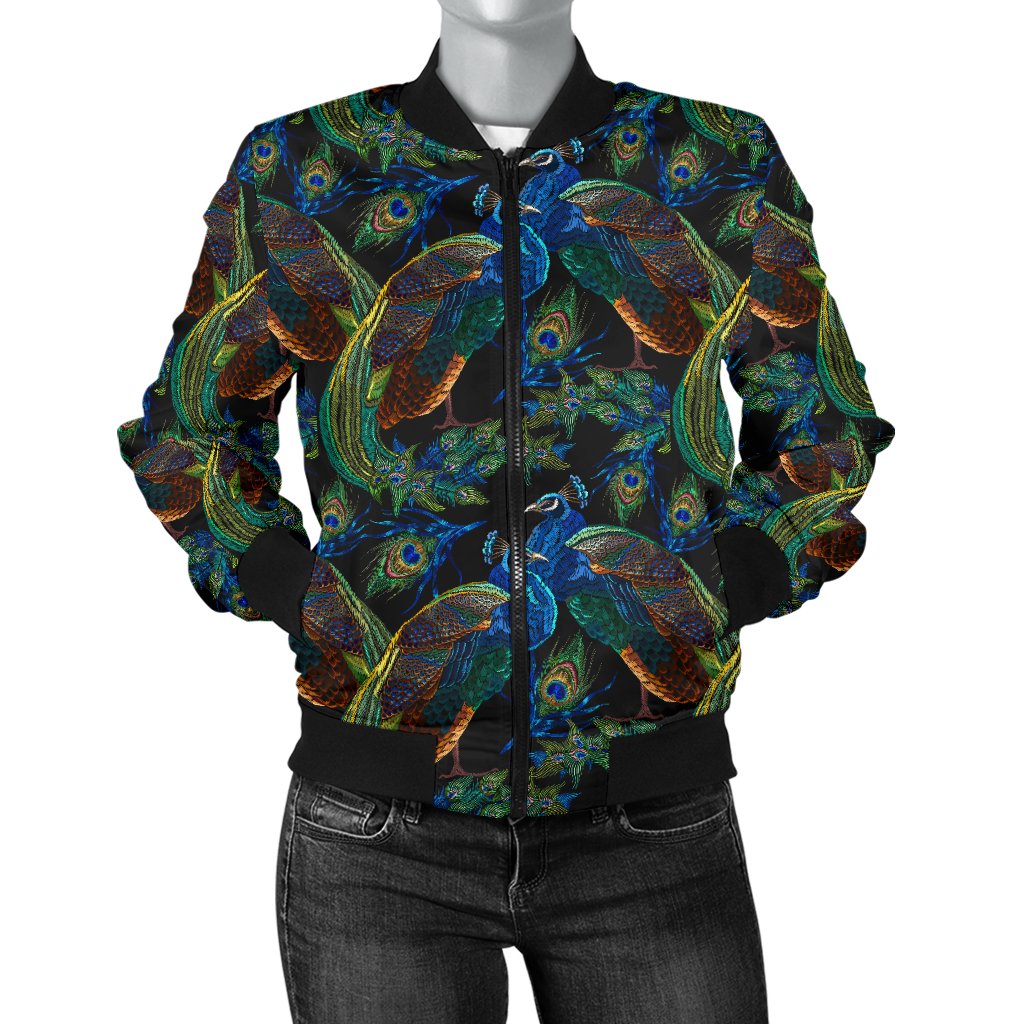 Peacock Themed Design Print Women Casual Bomber Jacket