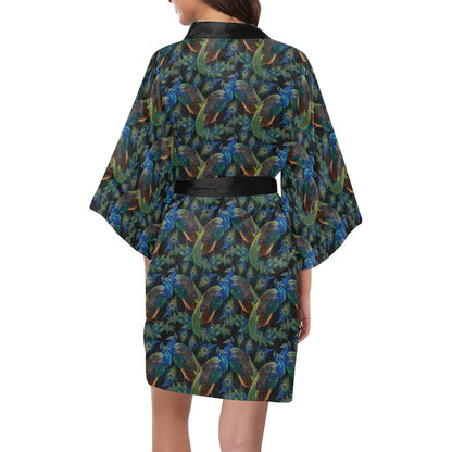 Peacock Themed Design Print Women Short Kimono Robe
