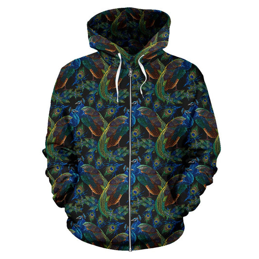 Peacock Themed Design Print Zip Up Hoodie