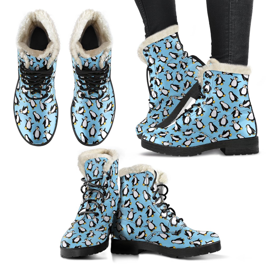 Penguin Happy Print Faux Fur Leather Boots-JTAMIGO.COM