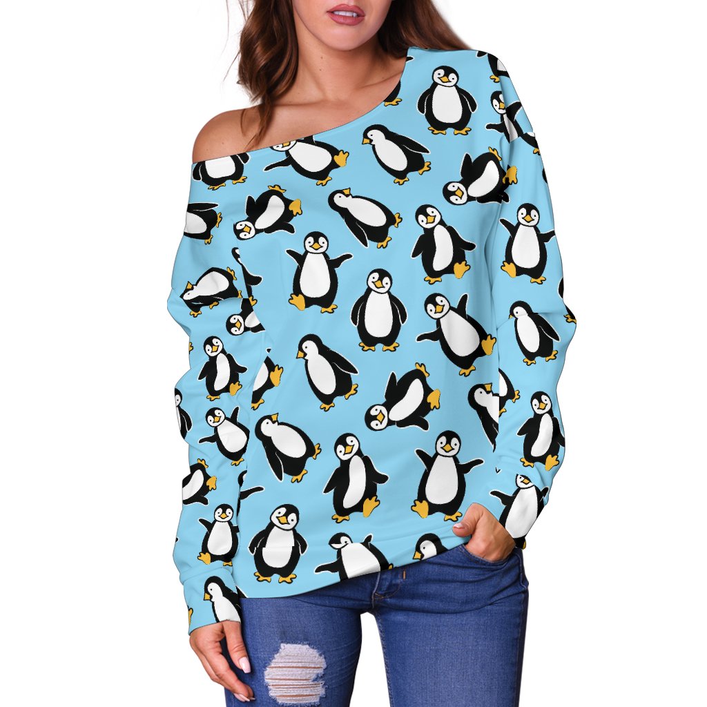 Penguin Happy Print Off Shoulder Sweatshirt