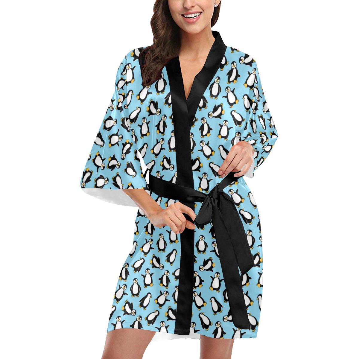 Penguin Happy Print Women Short Kimono Robe
