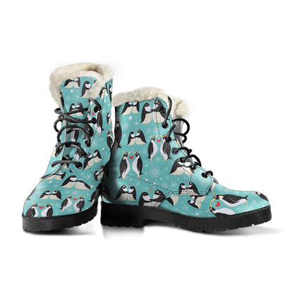Penguin Love Print Faux Fur Leather Boots-JTAMIGO.COM
