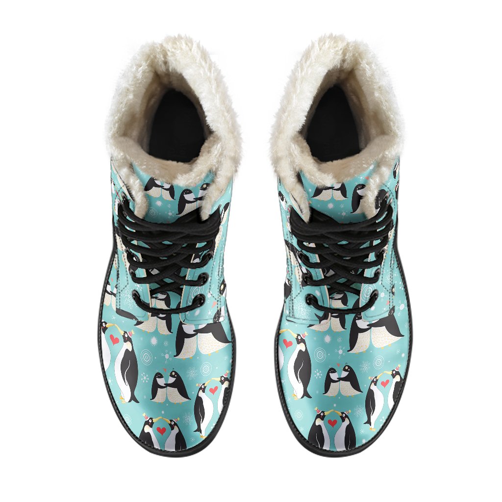 Penguin Love Print Faux Fur Leather Boots-JTAMIGO.COM