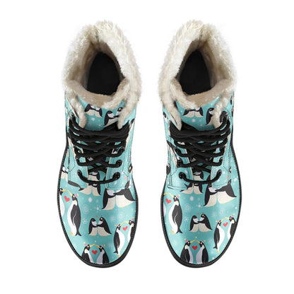 Penguin Love Print Faux Fur Leather Boots-JTAMIGO.COM