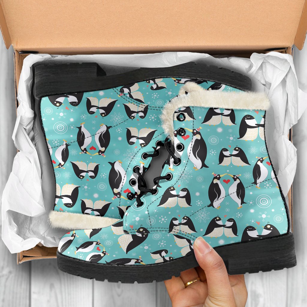 Penguin Love Print Faux Fur Leather Boots-JTAMIGO.COM