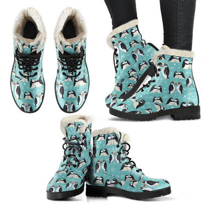 Penguin Love Print Faux Fur Leather Boots-JTAMIGO.COM