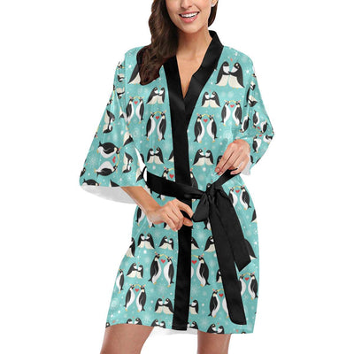 Penguin Love Print Women Short Kimono Robe