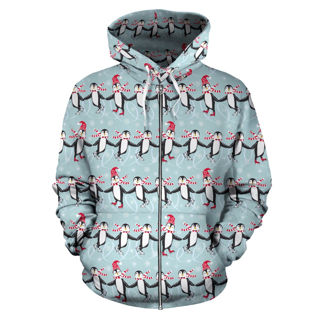 Penguin Skiing Design Zip Up Hoodie