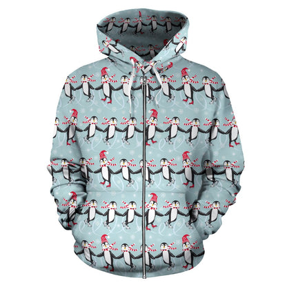 Penguin Skiing Design Zip Up Hoodie