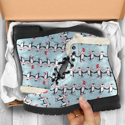 Penguin Sking Design Faux Fur Leather Boots-JTAMIGO.COM