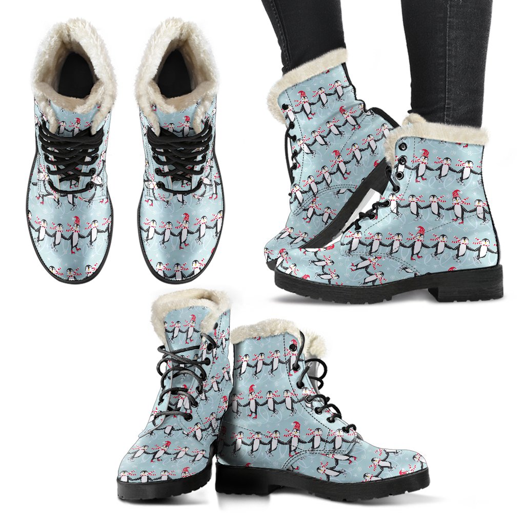 Penguin Sking Design Faux Fur Leather Boots-JTAMIGO.COM