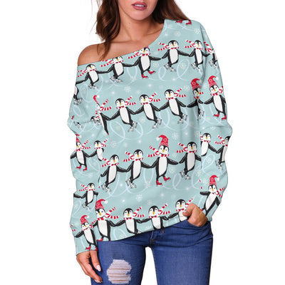 Penguin Sking Design Off Shoulder Sweatshirt