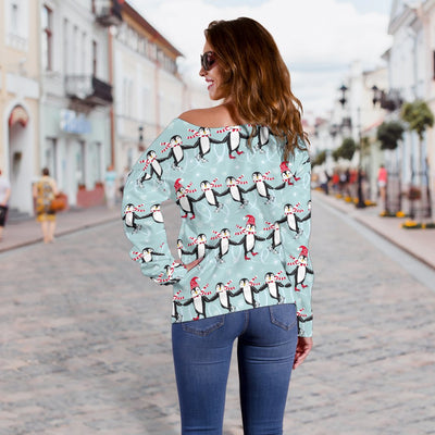 Penguin Sking Design Off Shoulder Sweatshirt