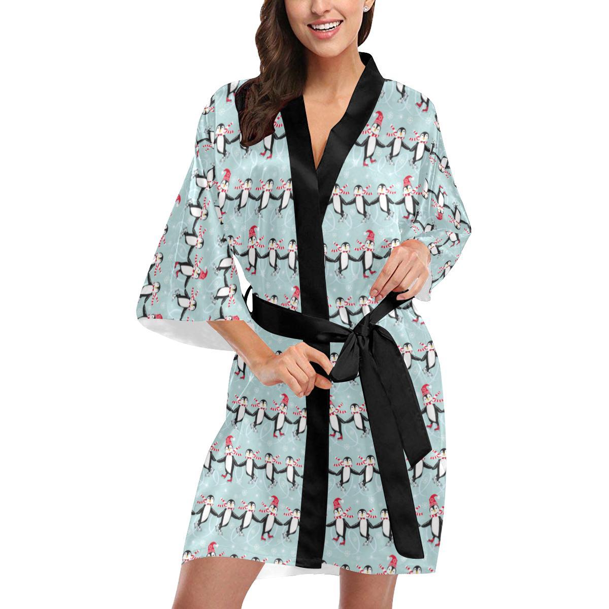 Penguin Sking Design Women Short Kimono Robe