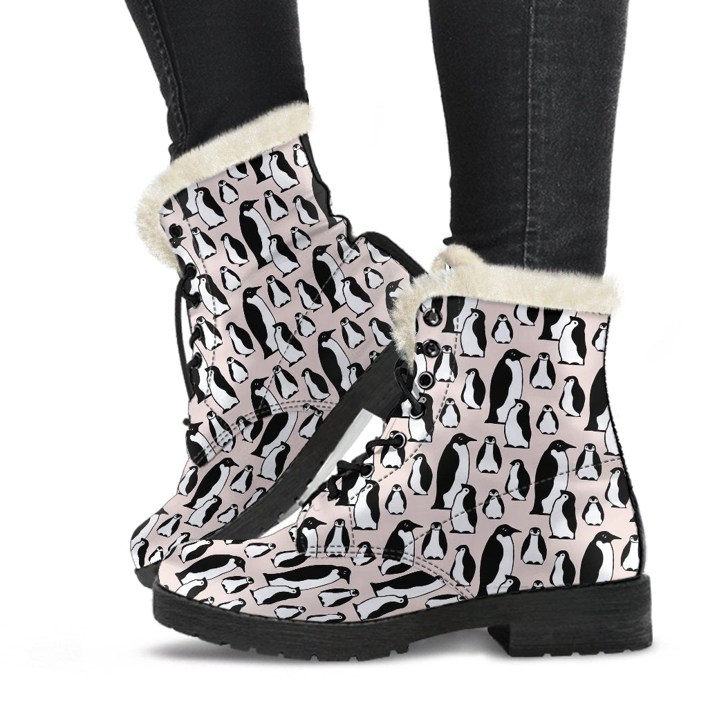 Penguin Themed Faux Fur Leather Boots-JTAMIGO.COM