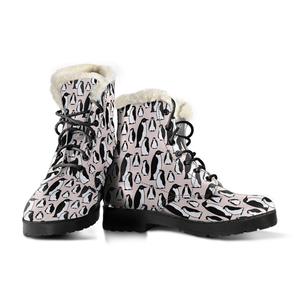 Penguin Themed Faux Fur Leather Boots-JTAMIGO.COM