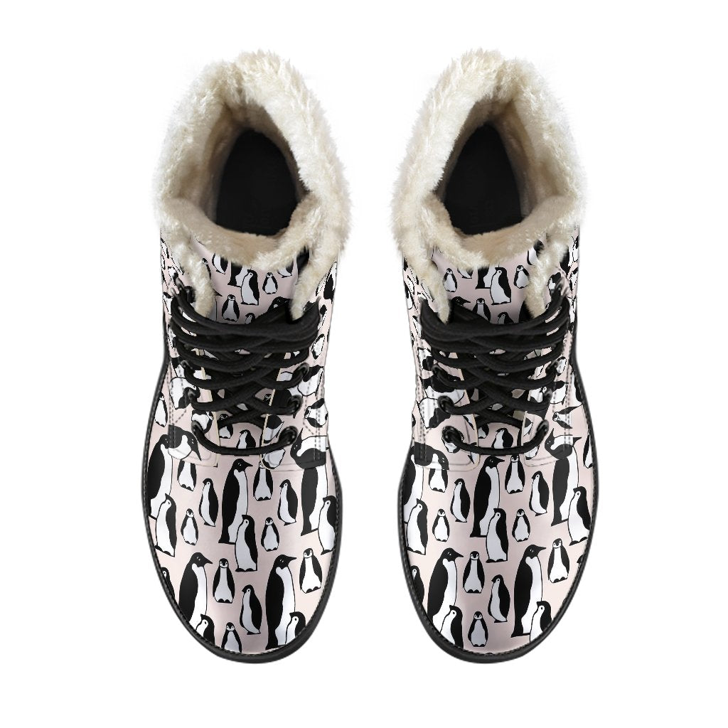 Penguin Themed Faux Fur Leather Boots-JTAMIGO.COM