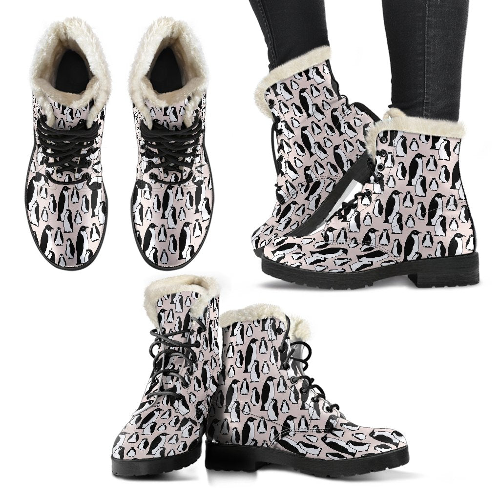 Penguin Themed Faux Fur Leather Boots-JTAMIGO.COM