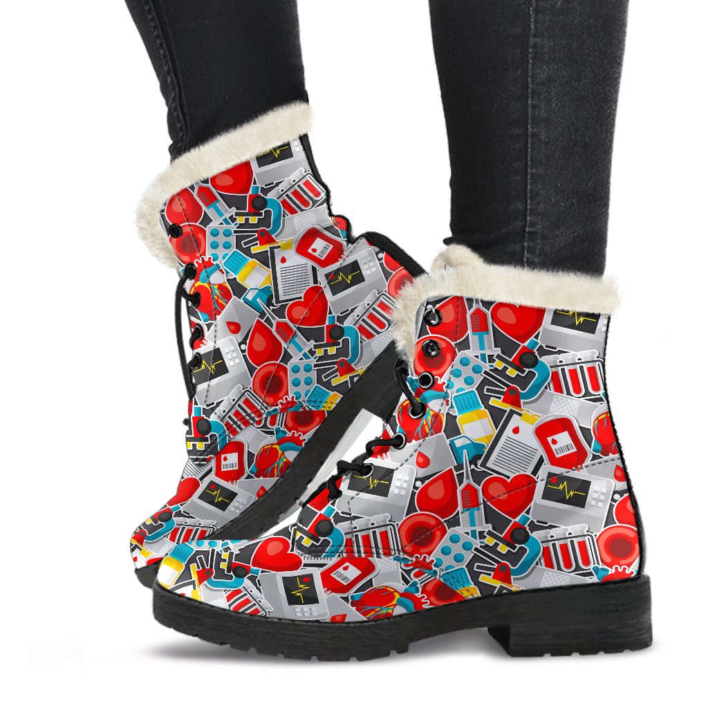 Phlebotomist Medical Themed Faux Fur Leather Boots-JTAMIGO.COM