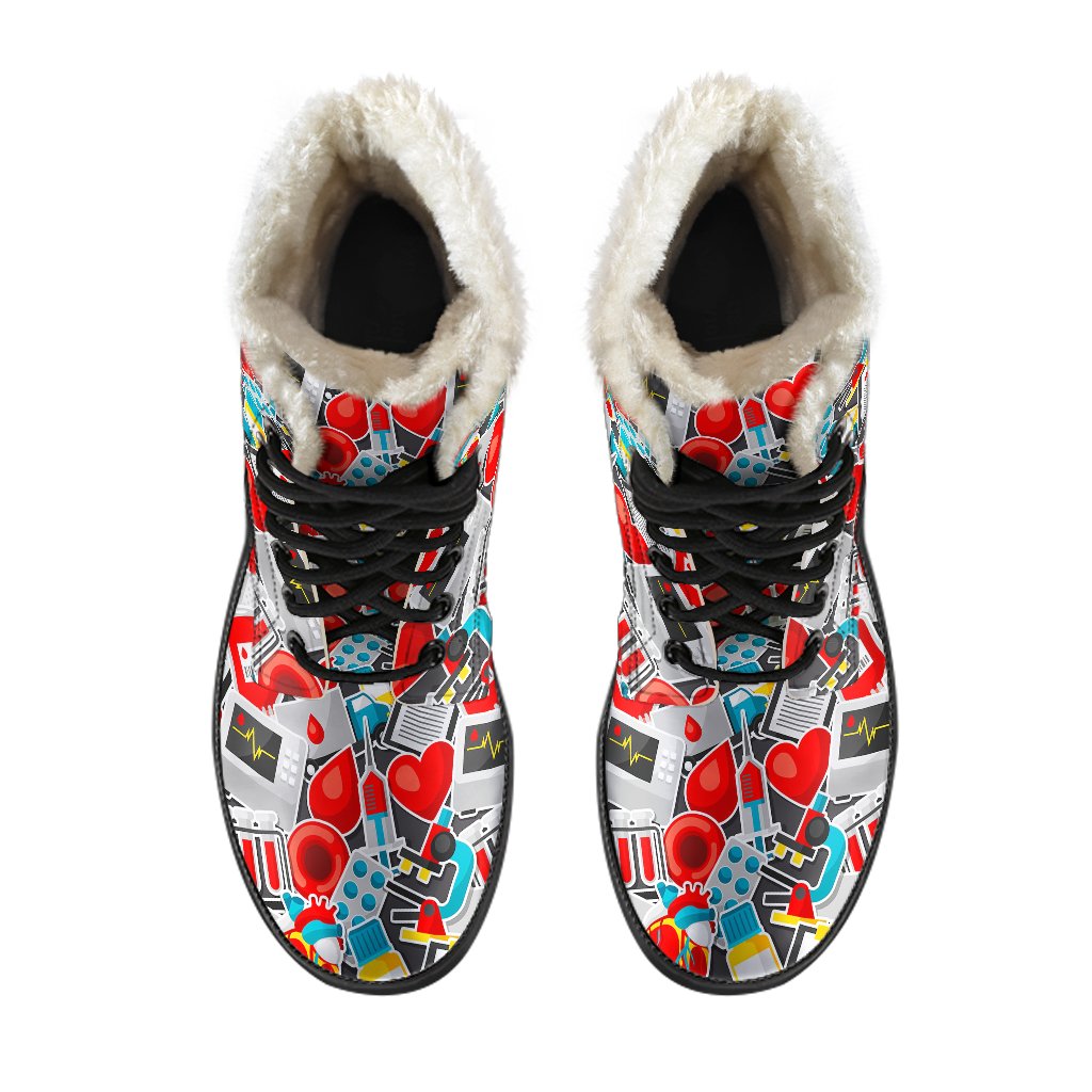 Phlebotomist Medical Themed Faux Fur Leather Boots-JTAMIGO.COM