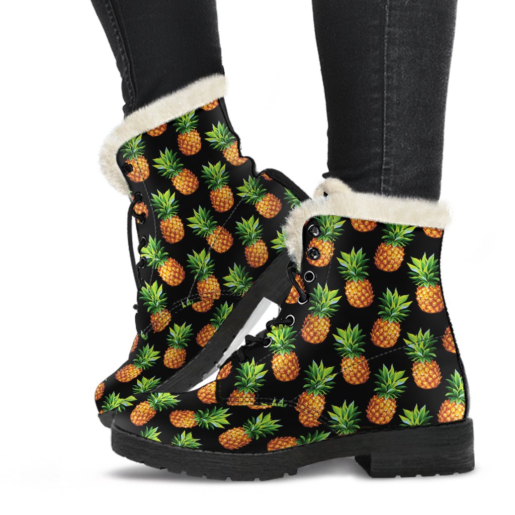 Pineapple Cute Print Design Pattern Faux Fur Leather Boots-JTAMIGO.COM