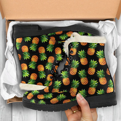 Pineapple Cute Print Design Pattern Faux Fur Leather Boots-JTAMIGO.COM