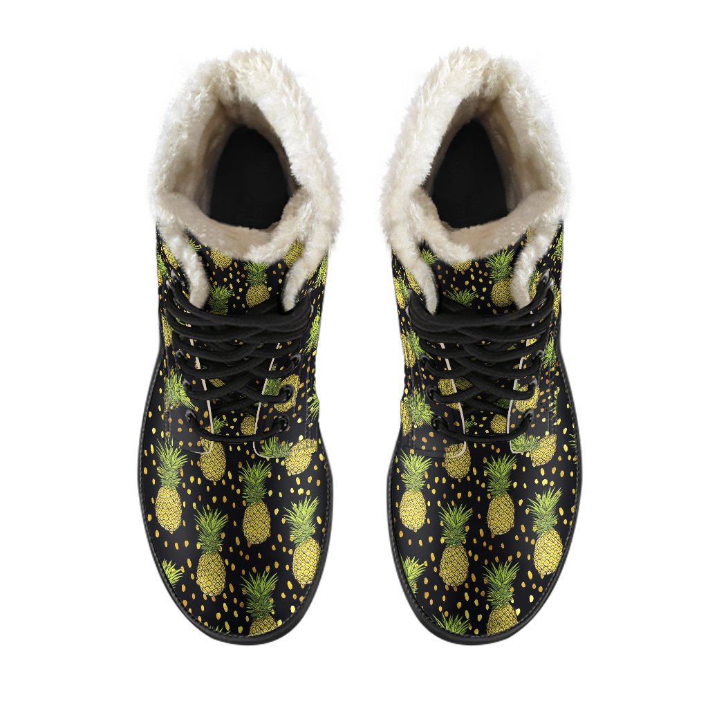Pineapple Gold Dot Themed Print Faux Fur Leather Boots-JTAMIGO.COM