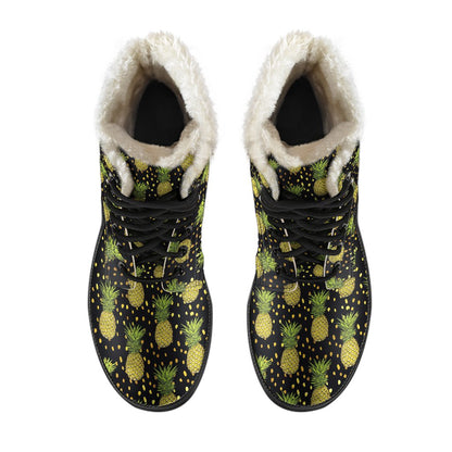 Pineapple Gold Dot Themed Print Faux Fur Leather Boots-JTAMIGO.COM