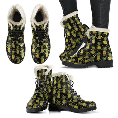 Pineapple Gold Dot Themed Print Faux Fur Leather Boots-JTAMIGO.COM