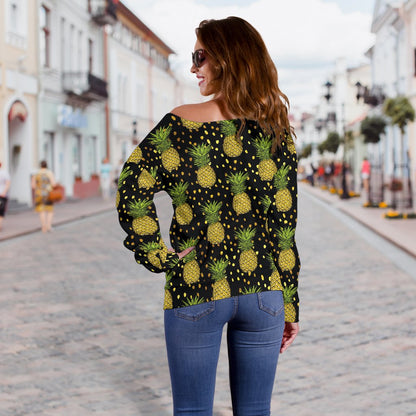 Pineapple Gold Dot Themed Print Off Shoulder Sweatshirt