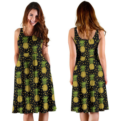Pineapple Gold Dot Themed Print Sleeveless Dress