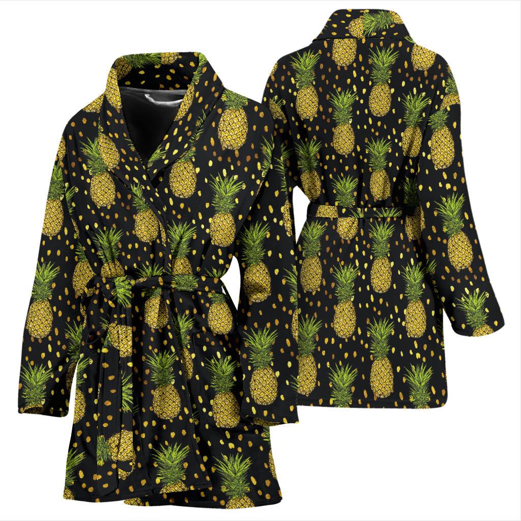 Pineapple Gold Dot Themed Print Women Bath Robe-JTAMIGO.COM