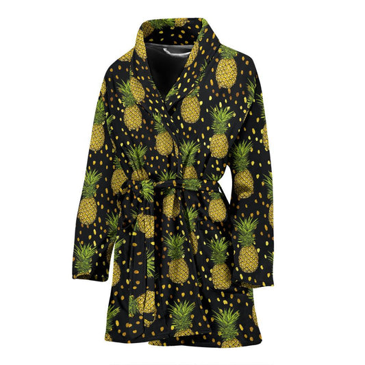 Pineapple Gold Dot Themed Print Women Bath Robe-JTAMIGO.COM