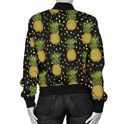 Pineapple Gold Dot Themed Print Women Casual Bomber Jacket