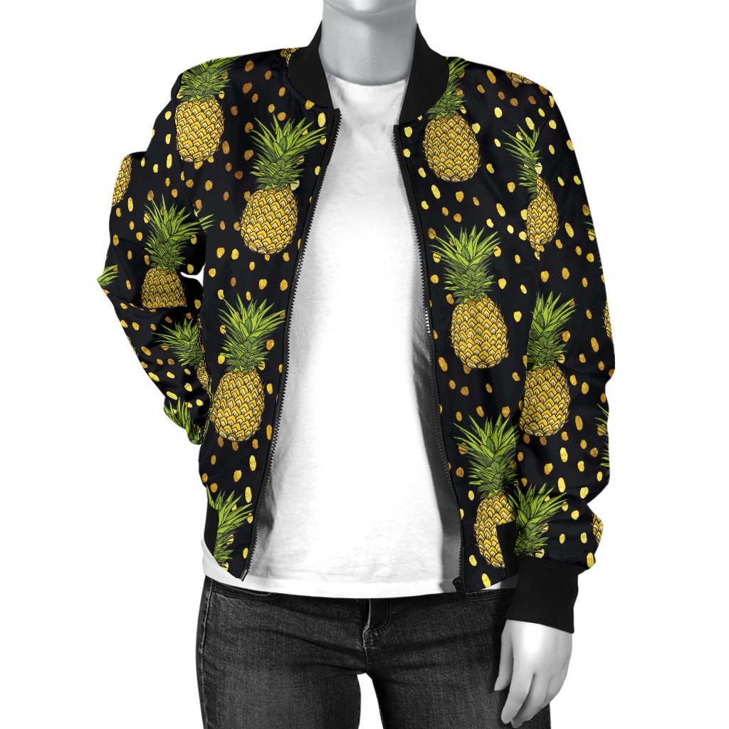 Pineapple Gold Dot Themed Print Women Casual Bomber Jacket